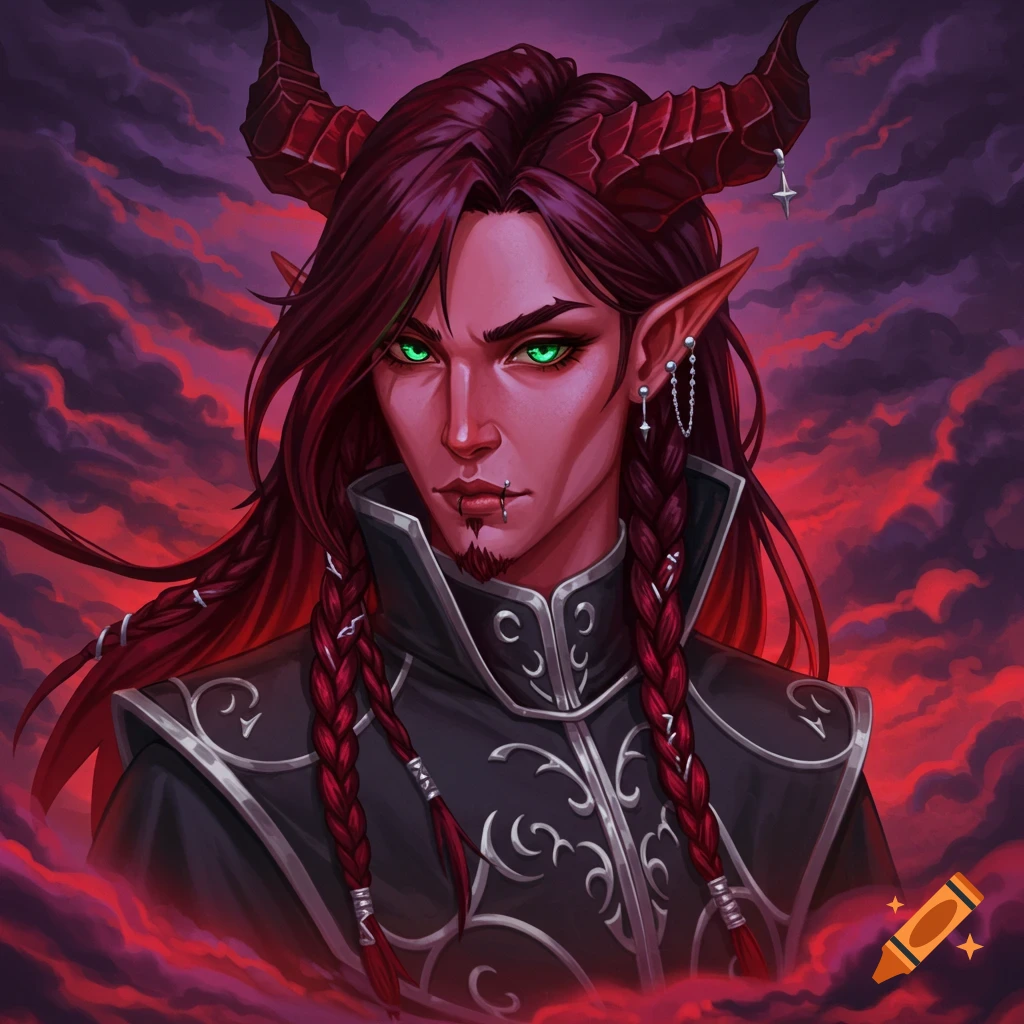 A fiend warlock character with red skin, horns, and green eyes stands against a dramatic sky.