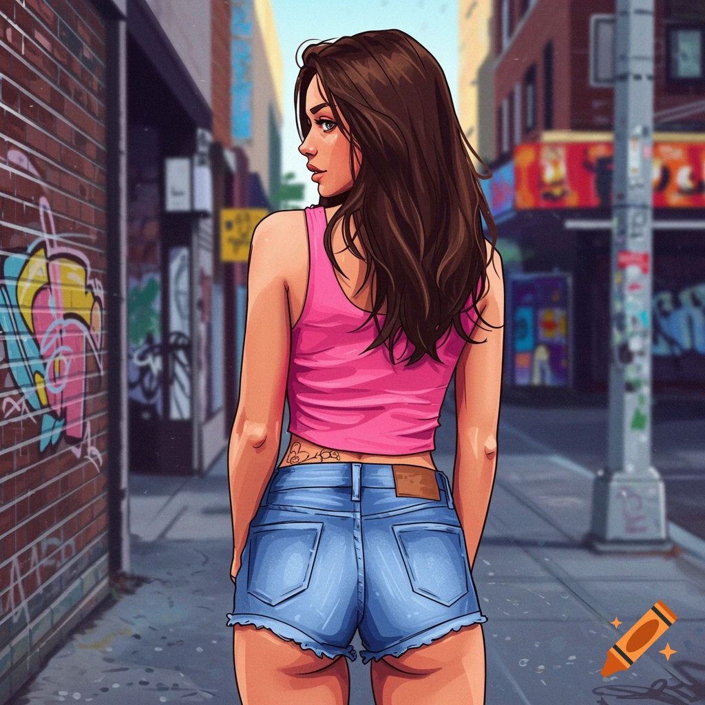 A young woman in a pink tank top and denim shorts stands on a city street with graffiti in a vibrant pop art style.