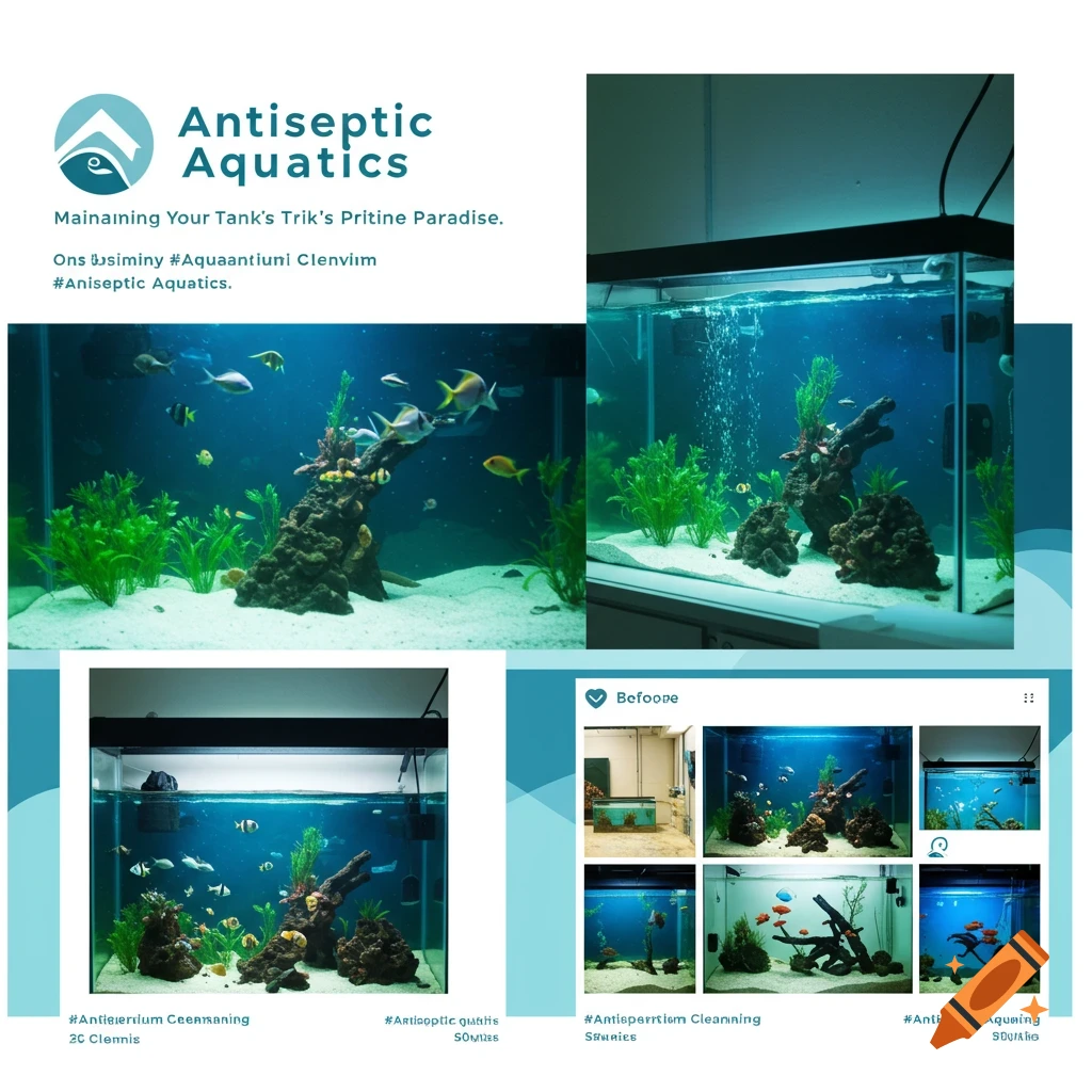 Fake Instagram page for an aquarium business showing several fish tanks with diverse fish and aquatic plants.