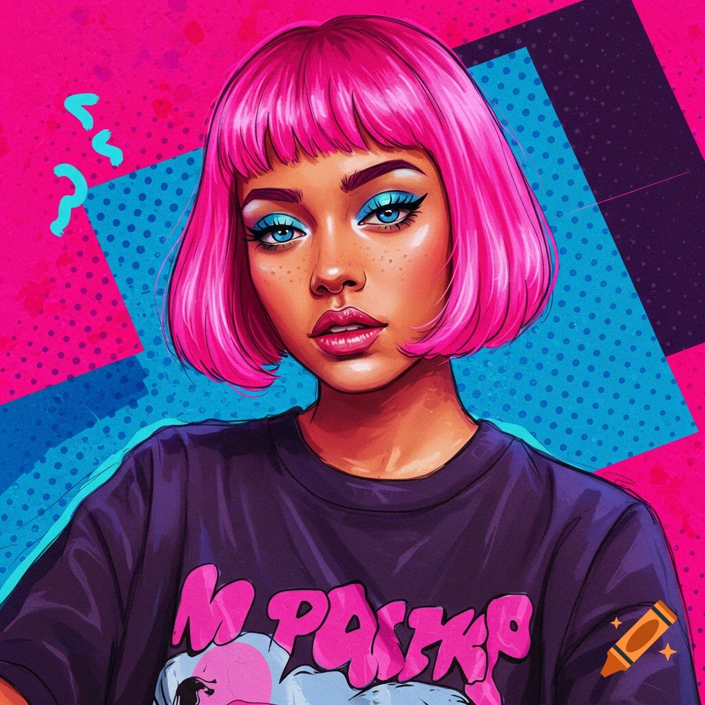 A woman with pink hair and bright blue eyeshadow, wearing a t-shirt