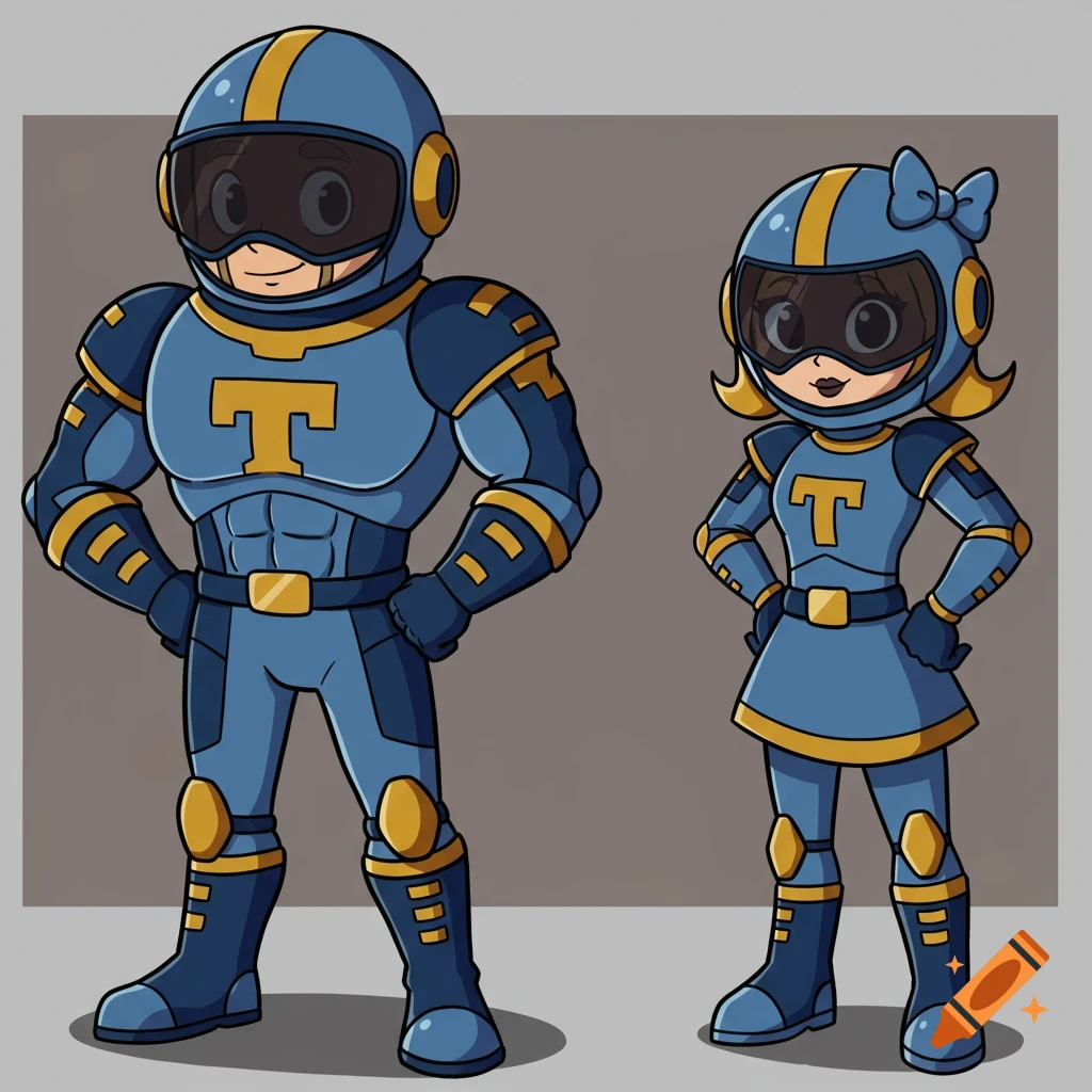 Two cartoon mascots in blue and gold rocket suits with 'T' logos.
