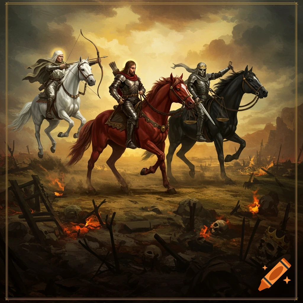 Three horsemen riding through a burning battlefield under a dramatic sky.