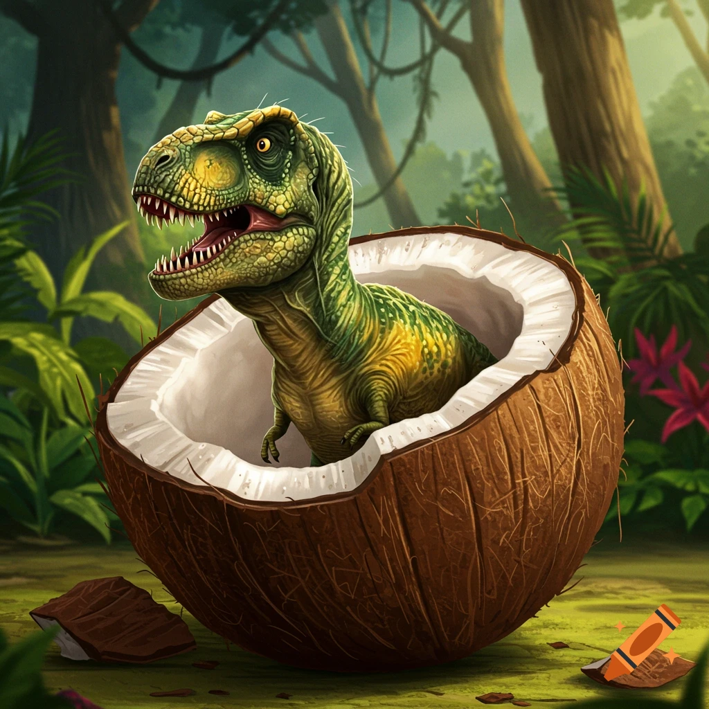 A Tyrannosaurus Rex sits inside a cracked coconut shell in a jungle, digital illustration.