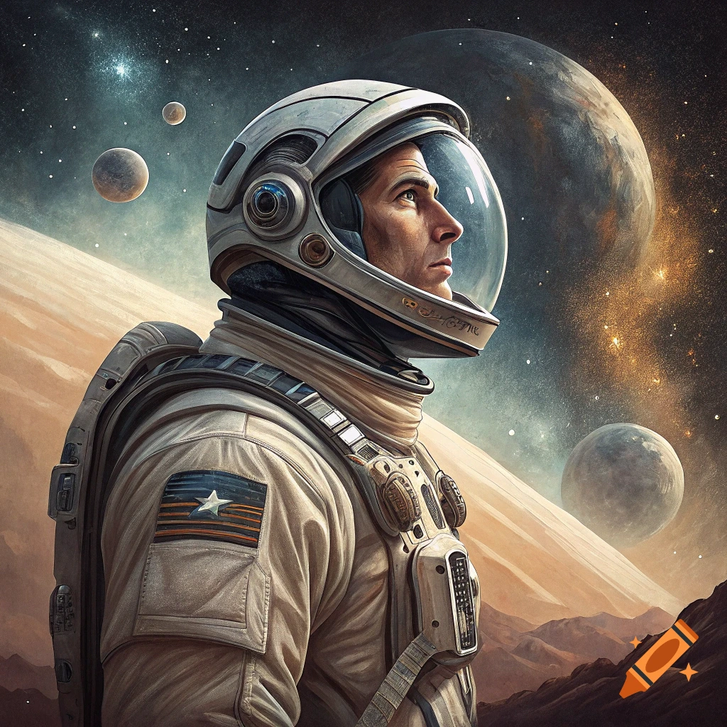 A man in an astronaut suit looks out at planets and stars in space.
