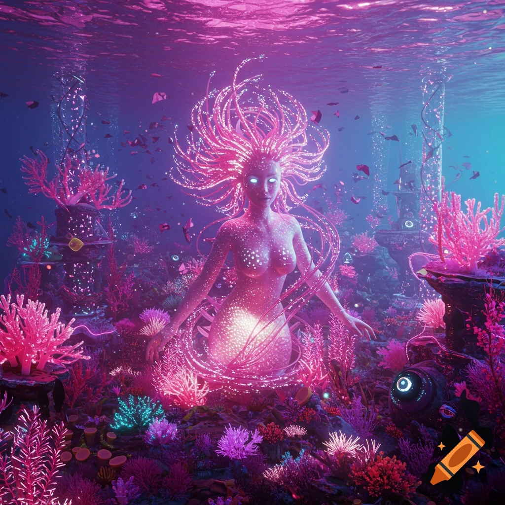 Stylized glowing pink siren underwater among vibrant coral