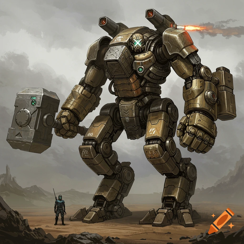 A giant mech robot holding a large hammer stands over a small human figure in a desert landscape.