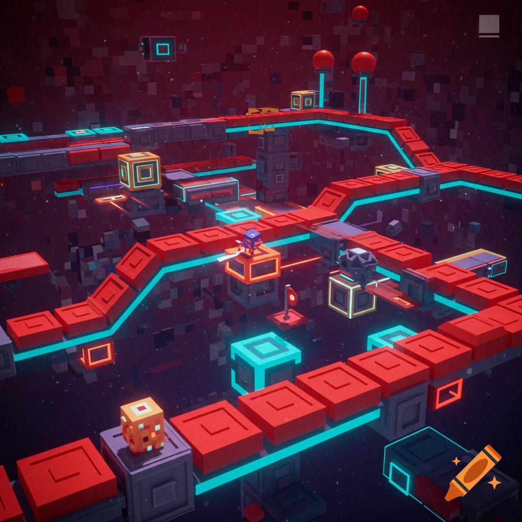 A 3D render of a geometric platformer level with red paths and glowing blue accents.