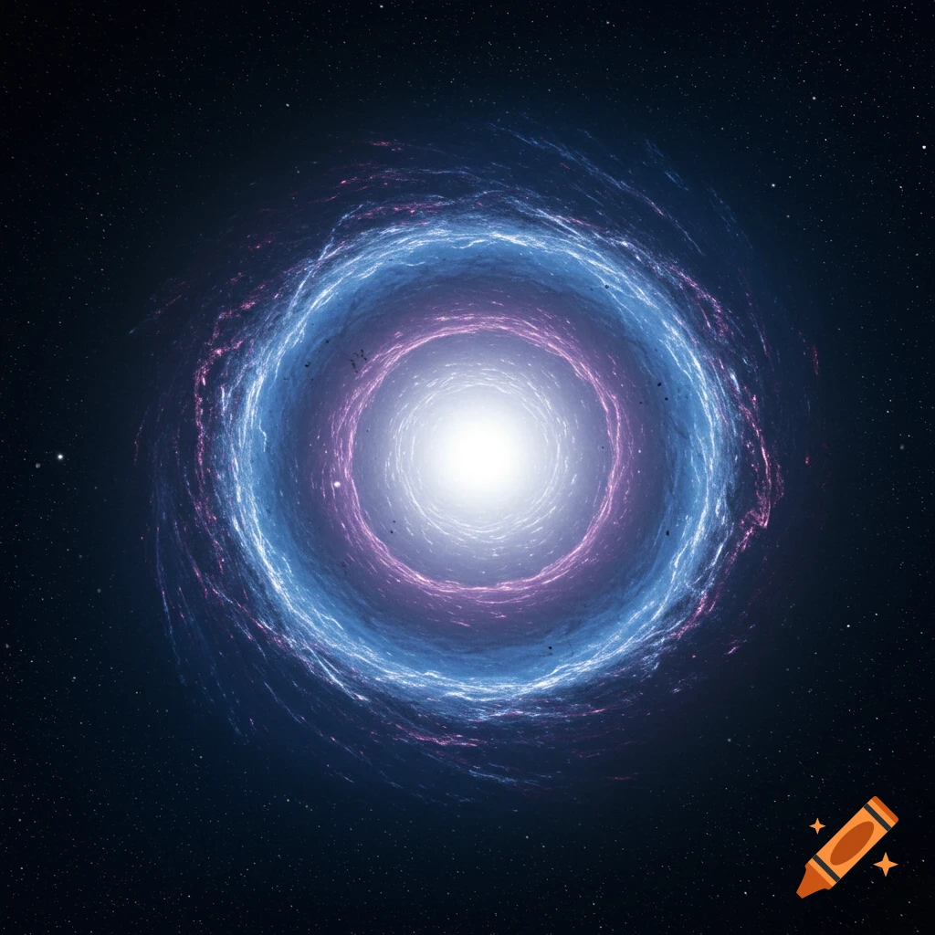 A bright white light surrounded by swirling blue and pink cosmic energy in space.