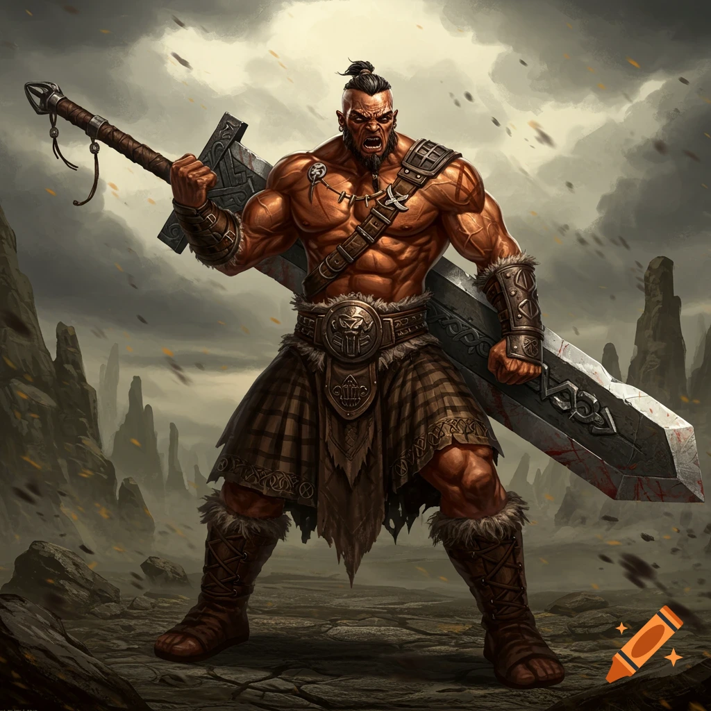 A muscular barbarian holding a large greatsword and wearing a kilt stands in a rocky, stormy landscape.