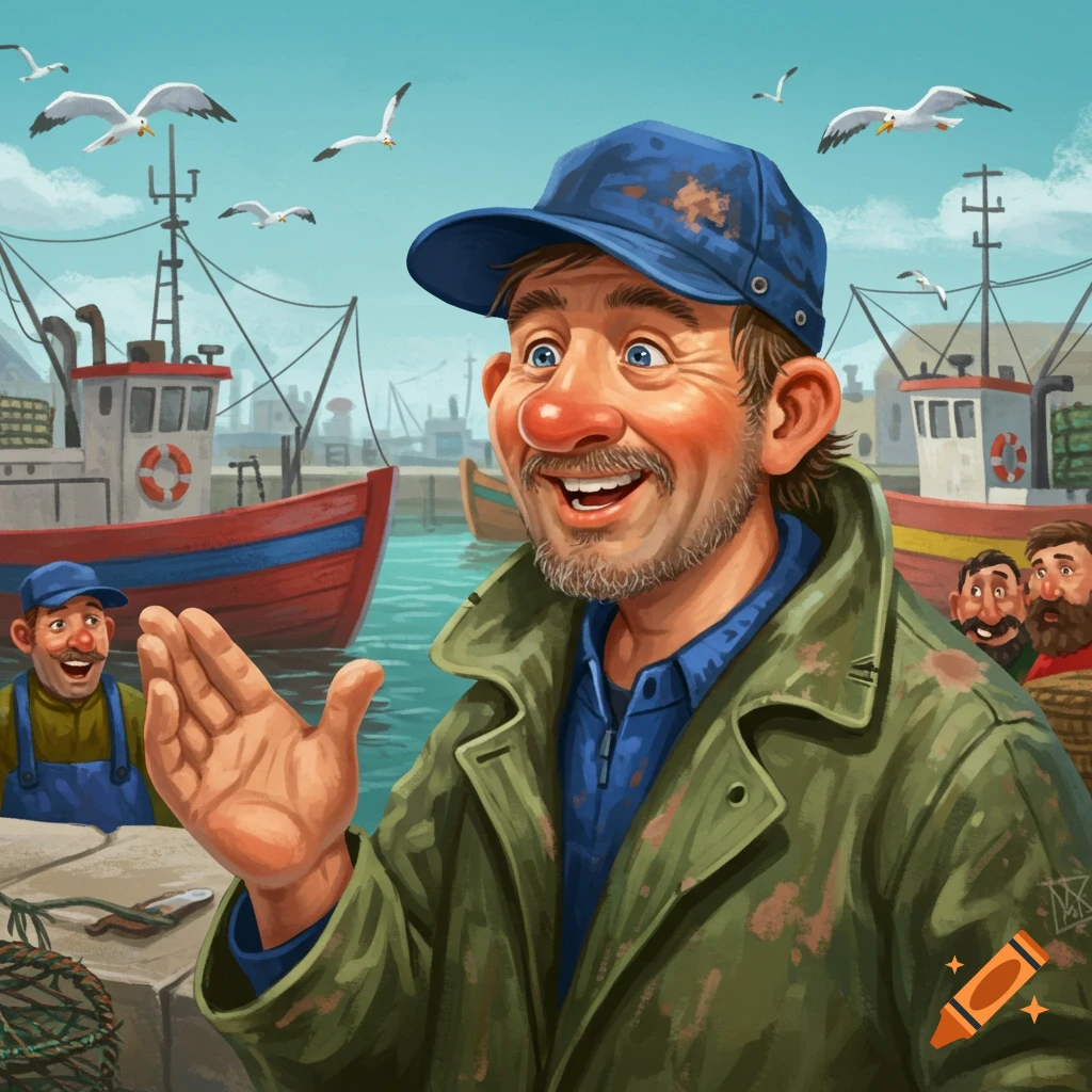 A cheerful fisherman in a harbor with boats and seagulls.