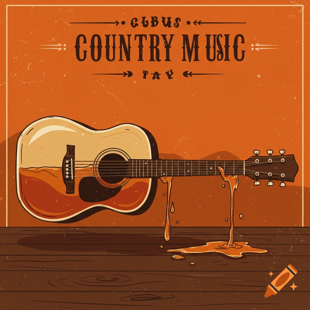 Vintage illustration of a guitar filled with liquid, dripping onto a wooden floor, with "COUNTRY MUSIC" text.
