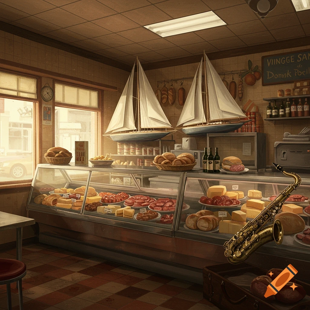 A deli counter filled with meats and cheeses, featuring decorative sailboats and a saxophone.