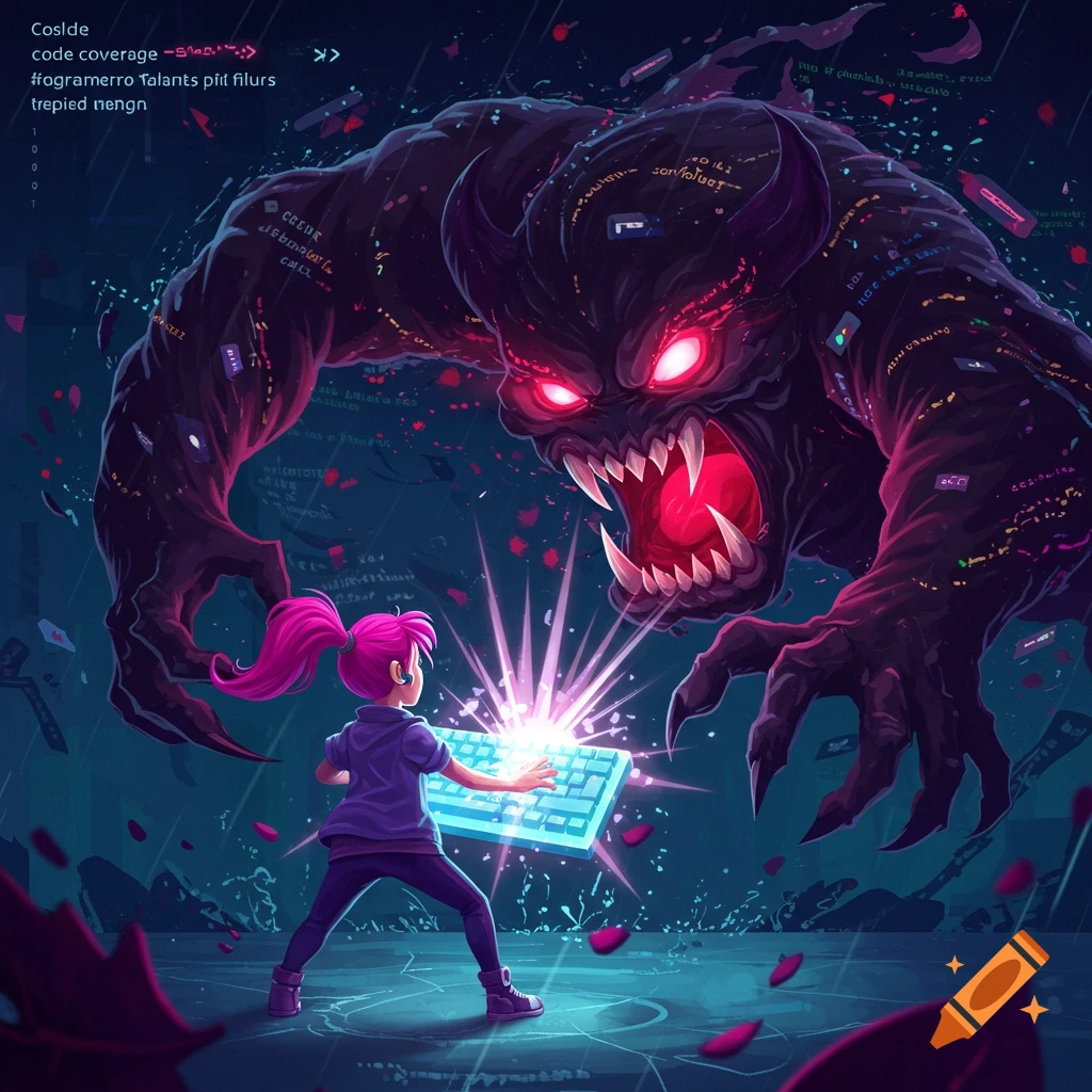 A girl battles a dark monster with a glowing keyboard in a digital art style.