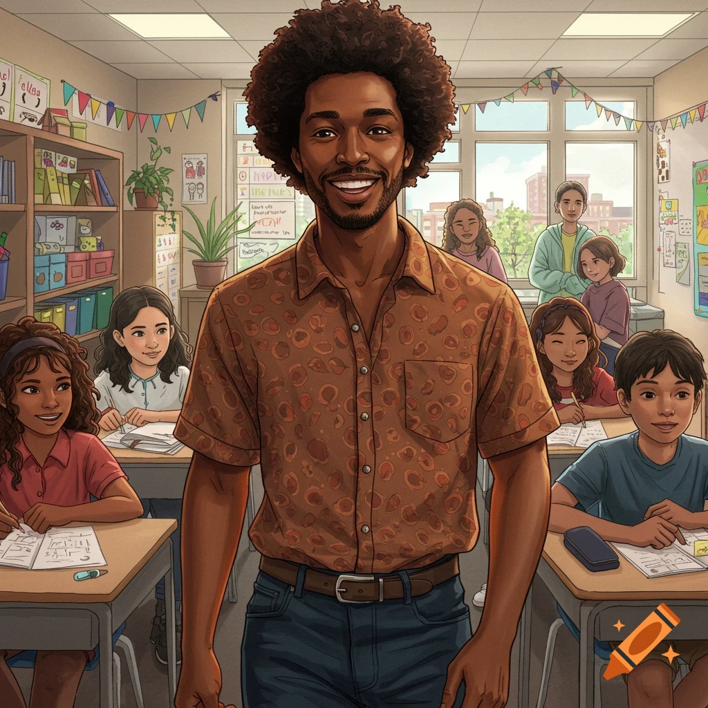 A smiling Black male teacher standing in a classroom with students at desks.