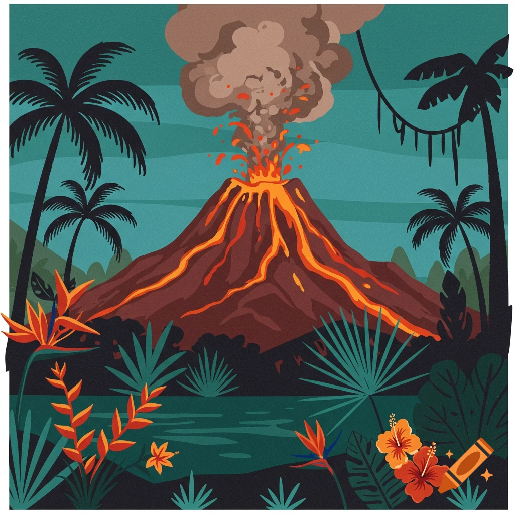 Stylized illustration of a volcano erupting in a tropical jungle with palm trees and exotic plants.