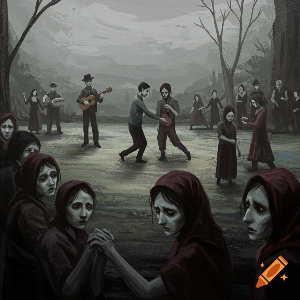 Somber people are gathered in a clearing. Some are playing music, while others are watching.