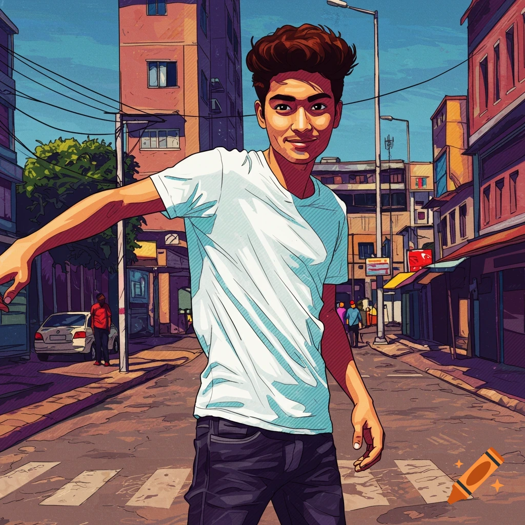 A young man in a white t-shirt stands on a street in a city.