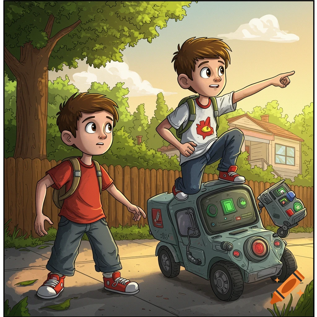 Two boys in a graphic novel style illustration. One boy stands on a robot vehicle, pointing. The other boy stands beside him on a sidewalk.