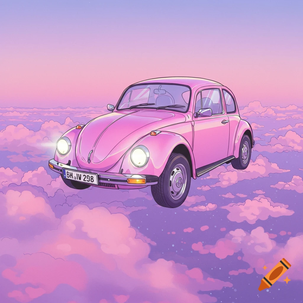 Pink VW Beetle floating in pink and purple clouds.