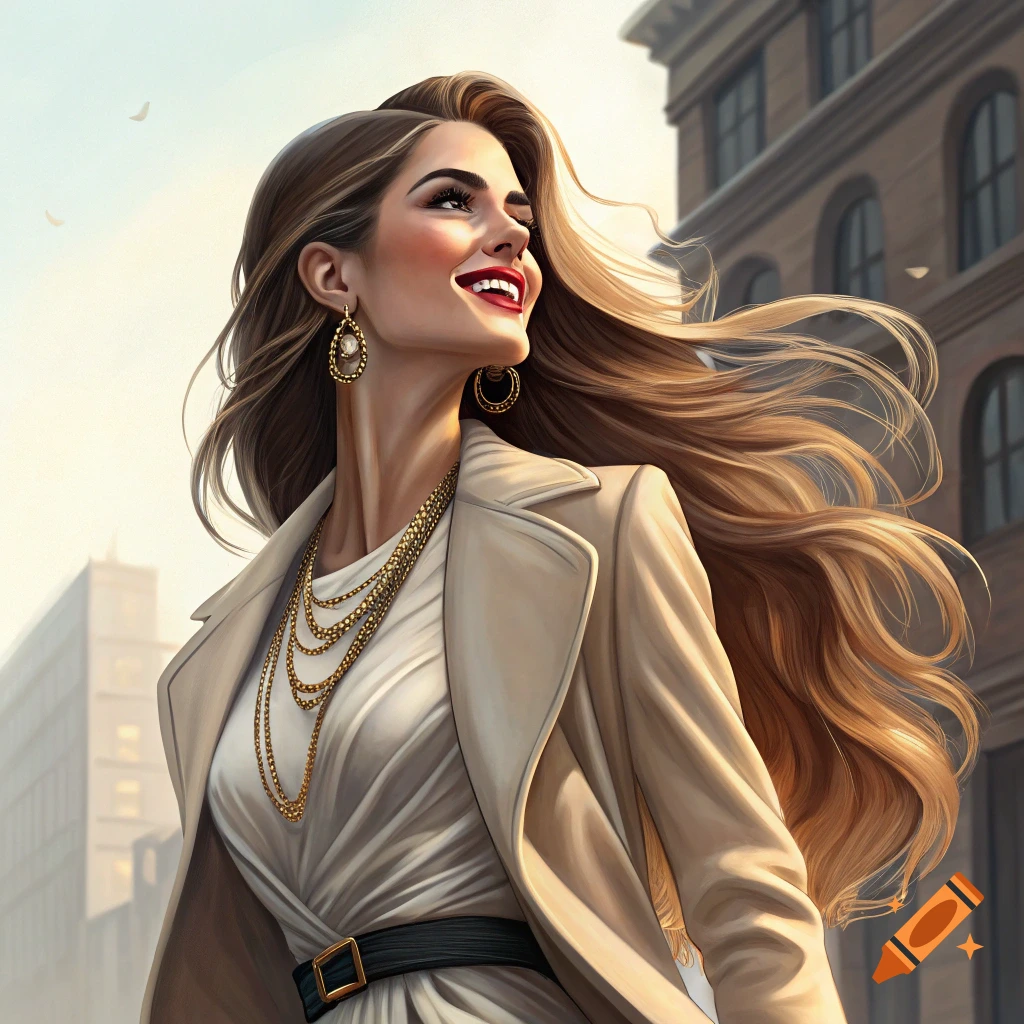 Illustrative portrait of a smiling woman with long hair in a beige trench coat and gold jewelry on a city street.