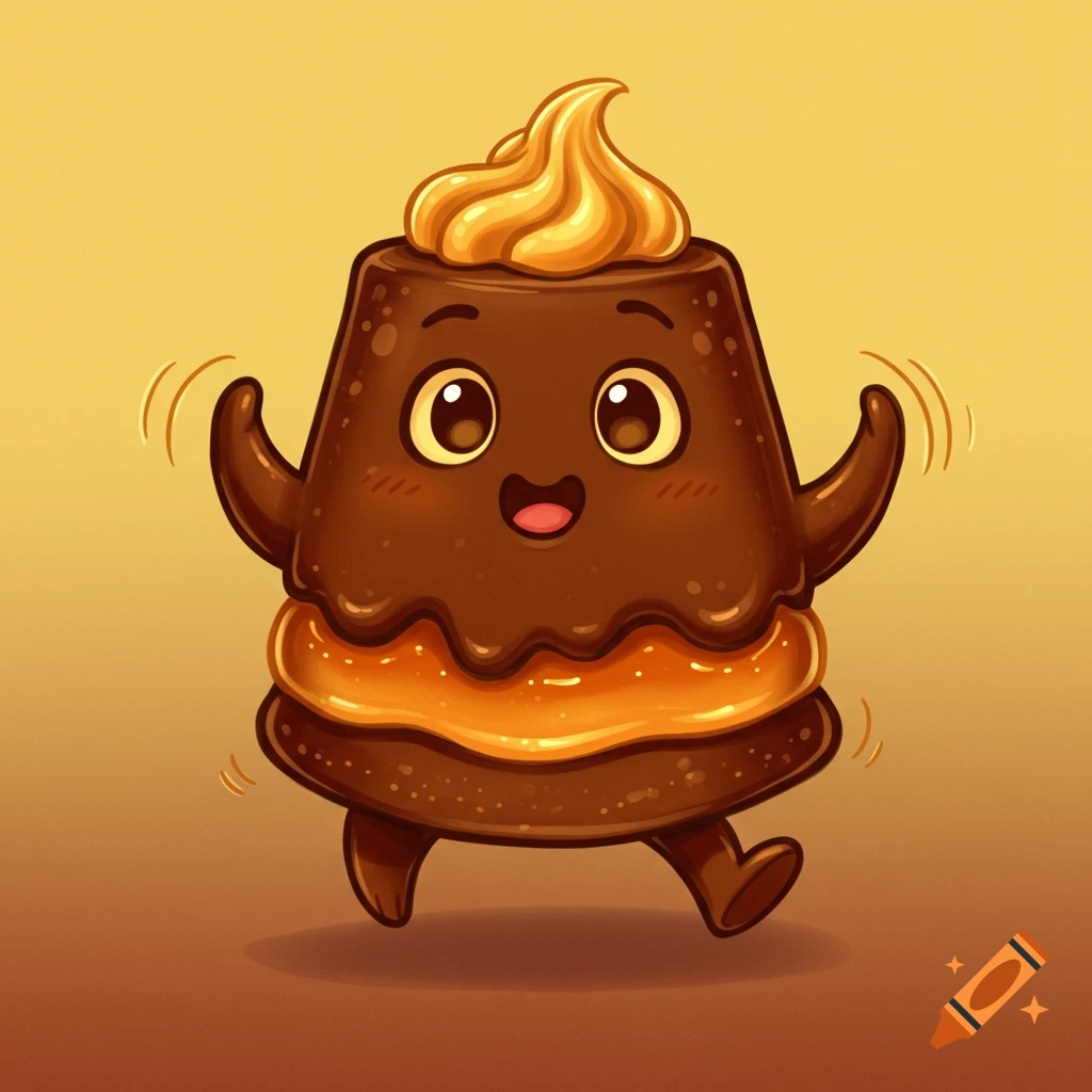 A cute, cartoon chocoflan character walks.