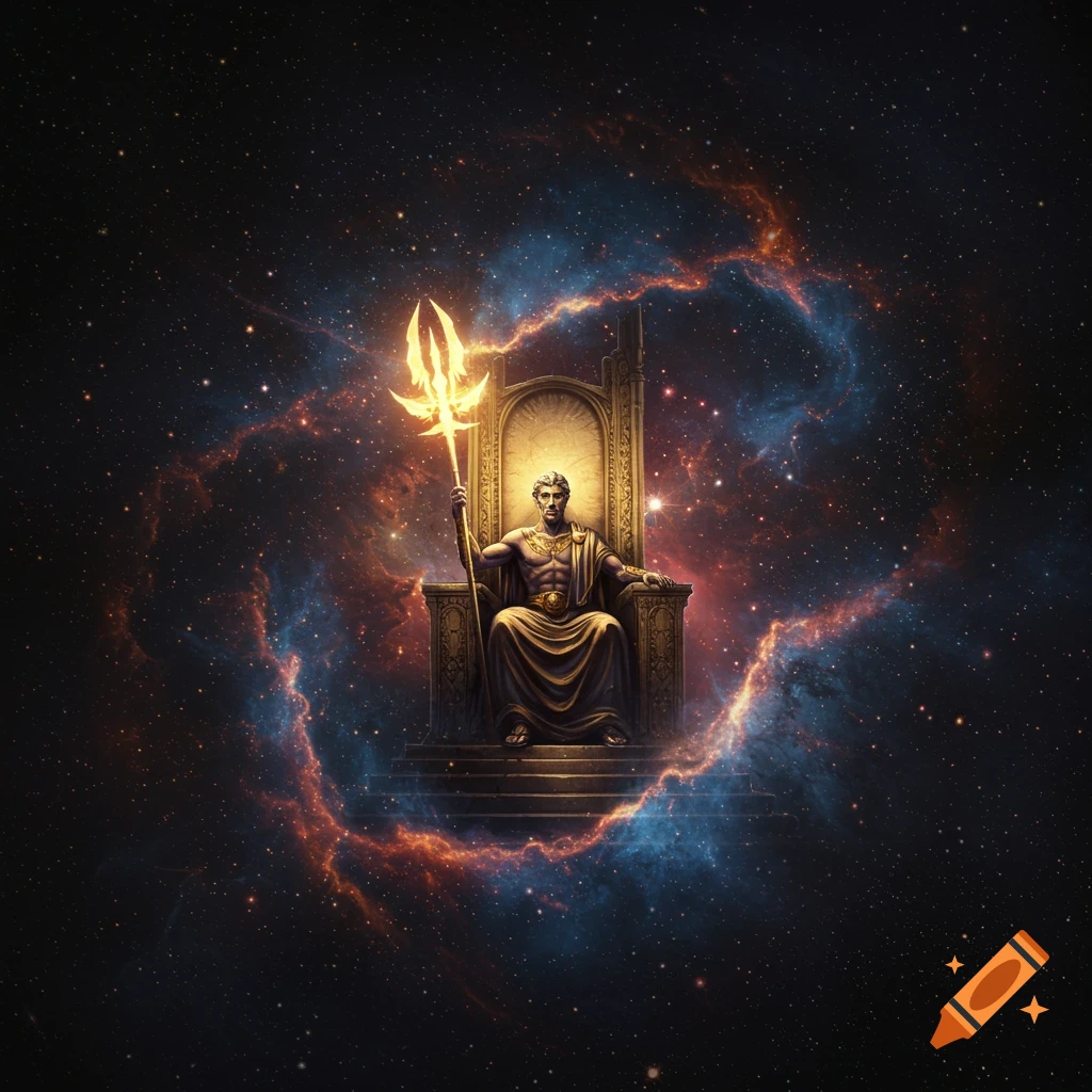 A god sits on a throne in space, holding a glowing spear.