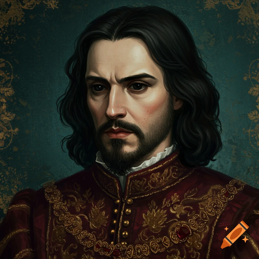 Portrait of a man with dark hair and beard in a red and gold historical doublet against a teal background.