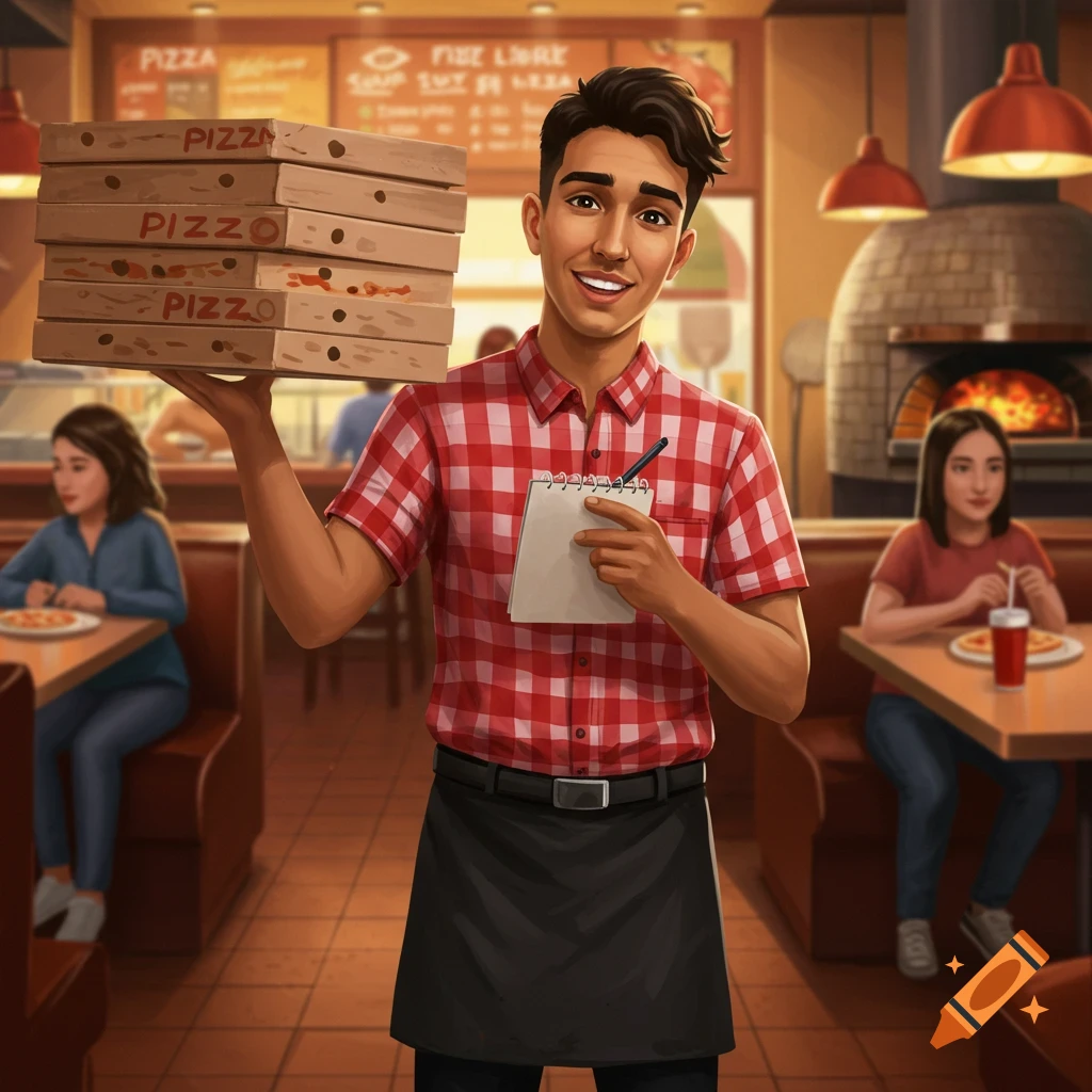 A smiling pizza server holds a stack of pizza boxes in a restaurant.