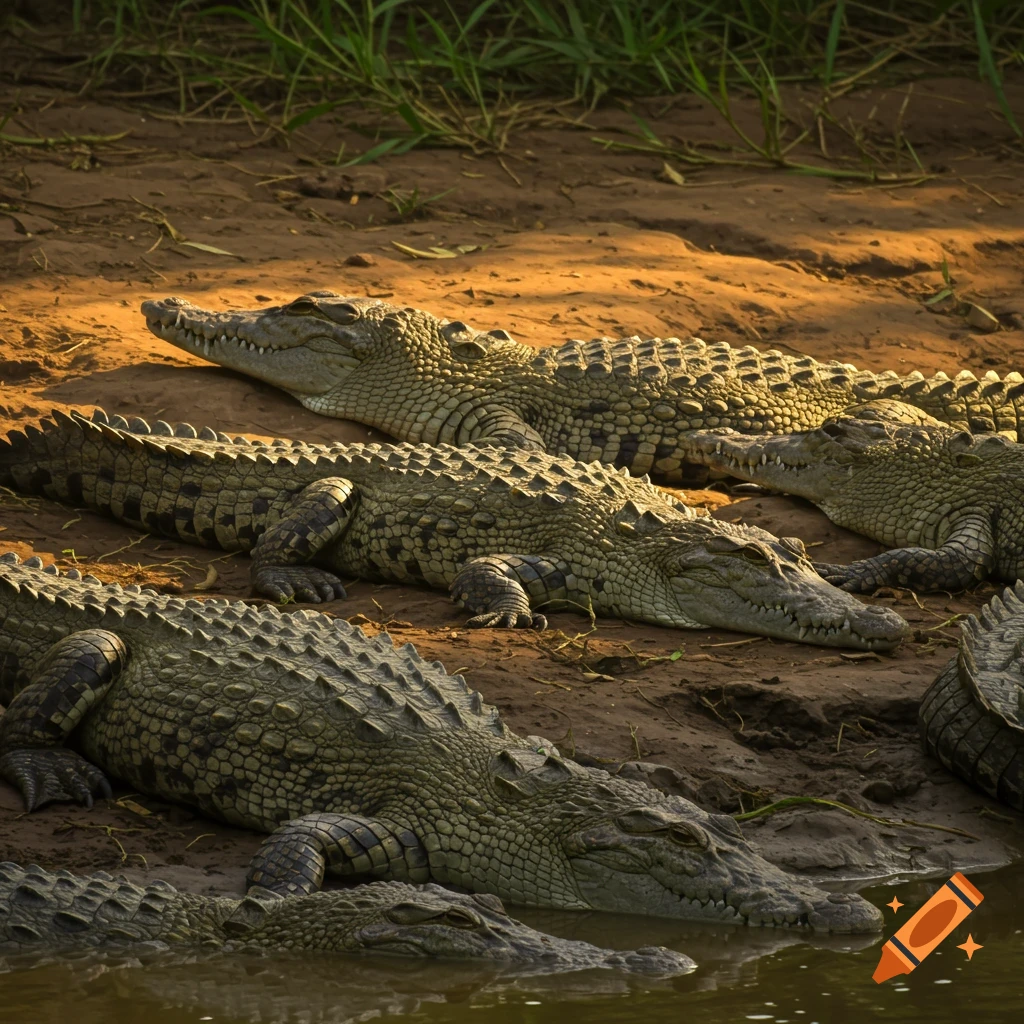 Several crocodiles rest on muddy ground near water.