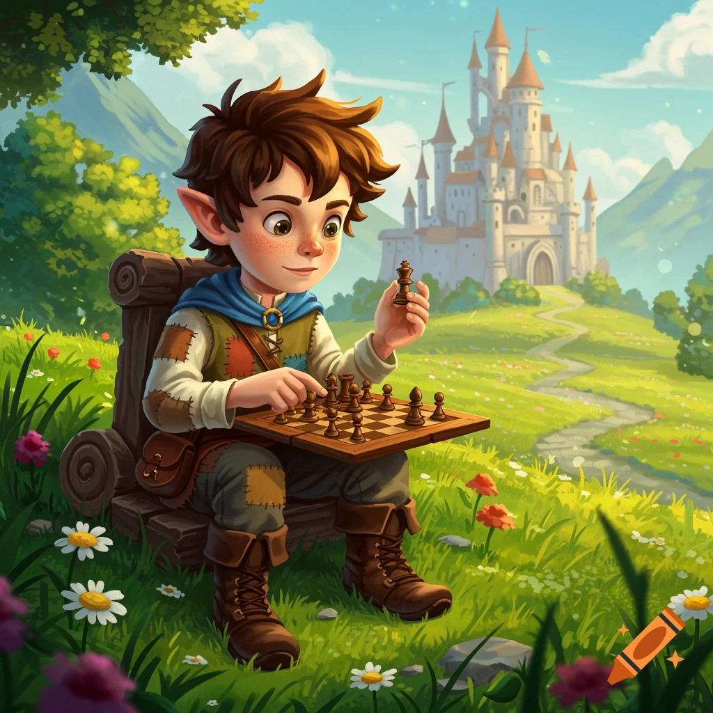 A boy with elf ears plays chess in a fantasy landscape with a castle.