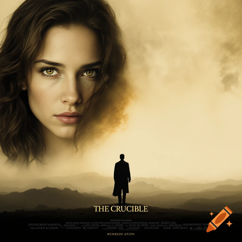 Movie poster for The Crucible featuring a woman's face, a man's silhouette in a landscape, and the title.