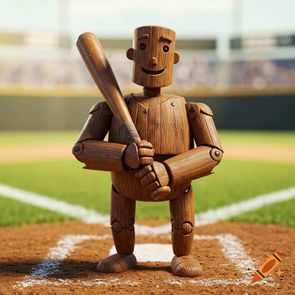A wooden figure stands on a baseball field holding a baseball bat.