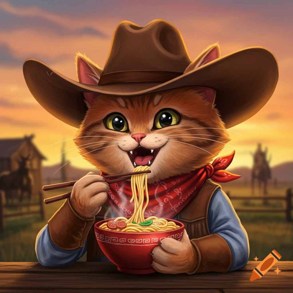 A cartoon cowboy cat is eating noodles with chopsticks.