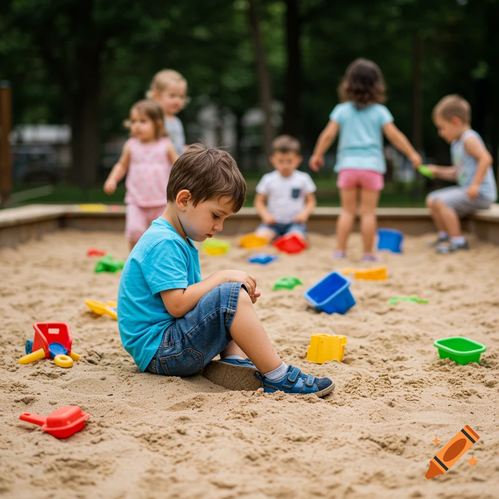 Boy sitting alone in a sandbox while other children play nearby.