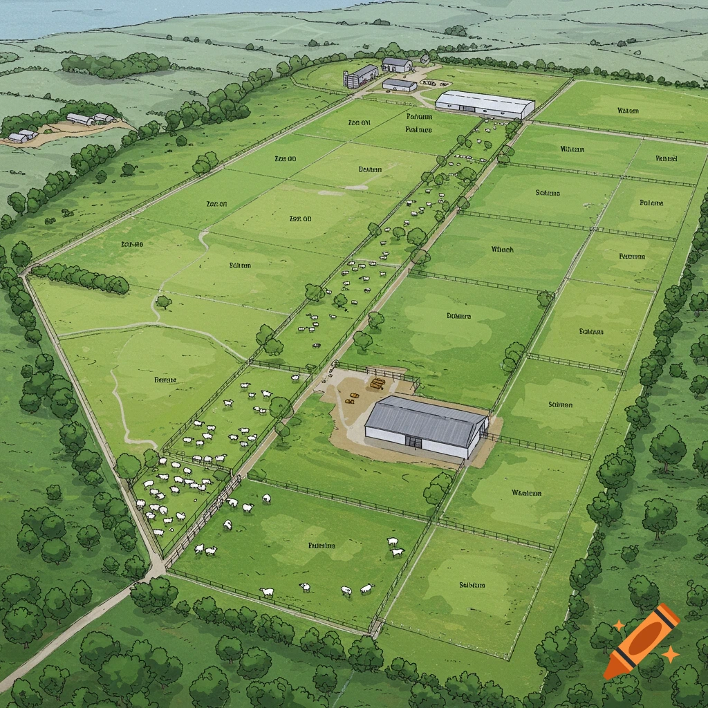 Illustration of a large sheep farm with many fenced pastures, barns, and sheep grazing.