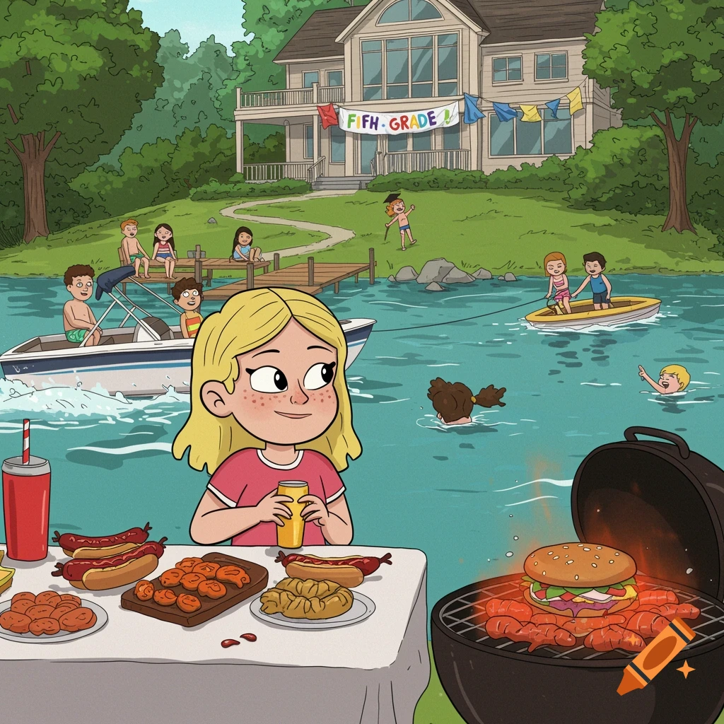 Animated illustration of a summer lake party with kids swimming, boating, grilling hot dogs and burgers, and a banner that reads FIFTH GRADE.