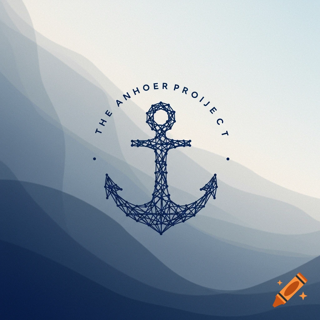 A logo with a dark blue geometric anchor over a wavy blue and white background, with curved text above.
