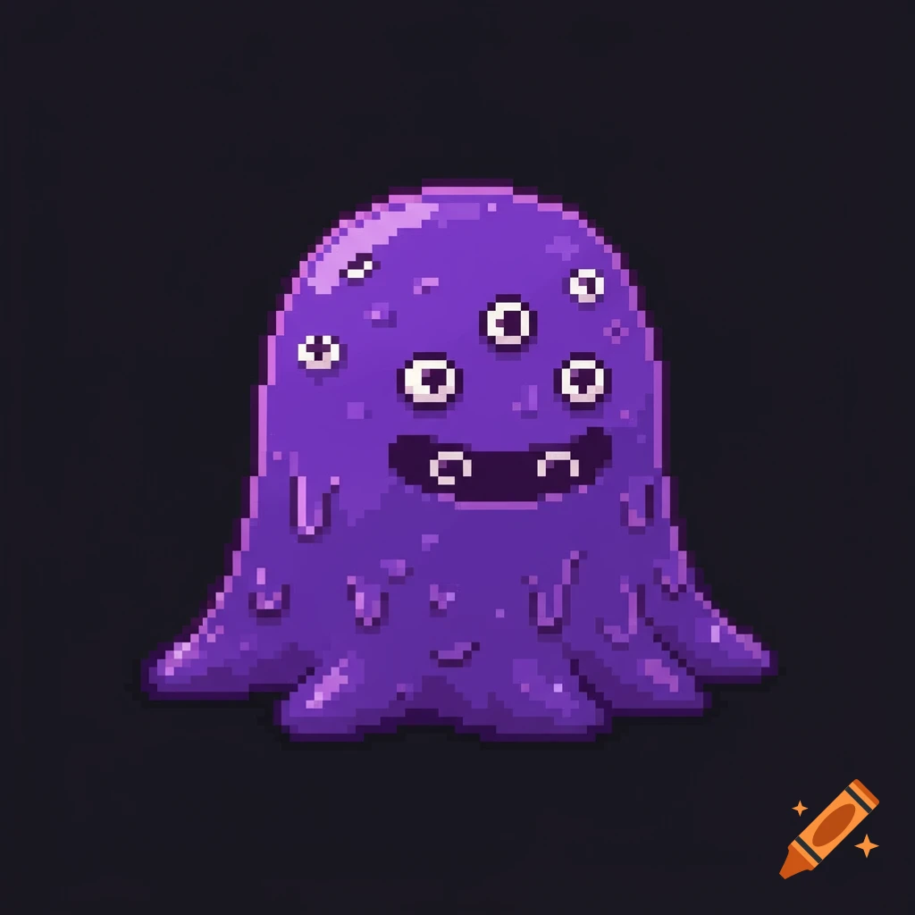 Purple pixel art slime monster with multiple eyes