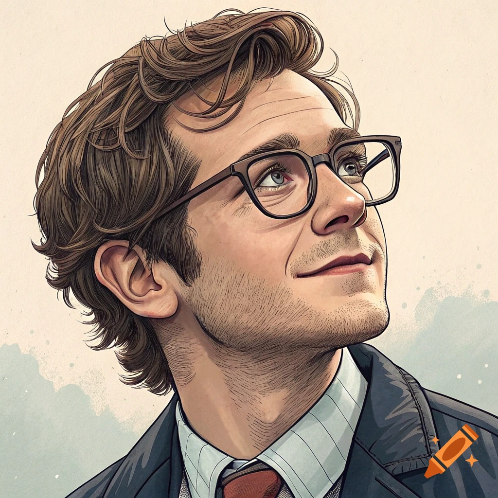 A detailed portrait of a man with glasses looking up, in an illustrative style.
