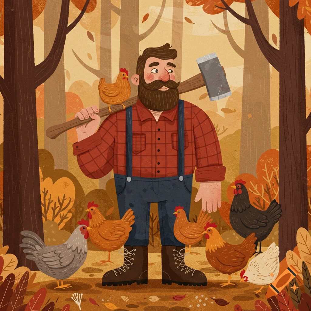 Cartoon illustration of a lumberjack with chickens in an autumn forest.