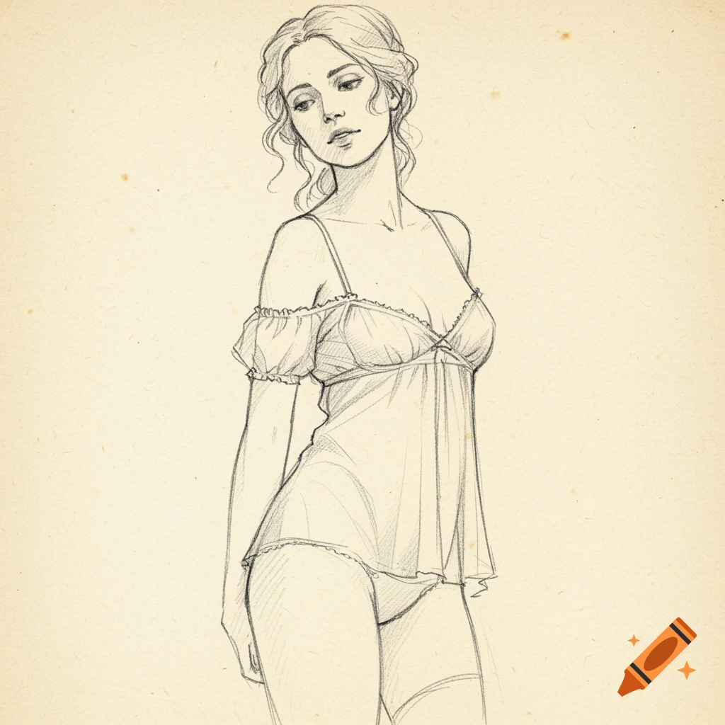 A pencil sketch of a woman in historical undergarments.