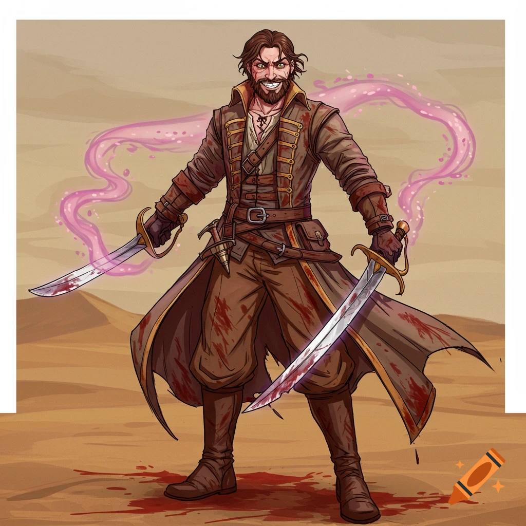 Stylized fantasy art of a rogue man wielding bloody swords and pink magical energy in a desert.