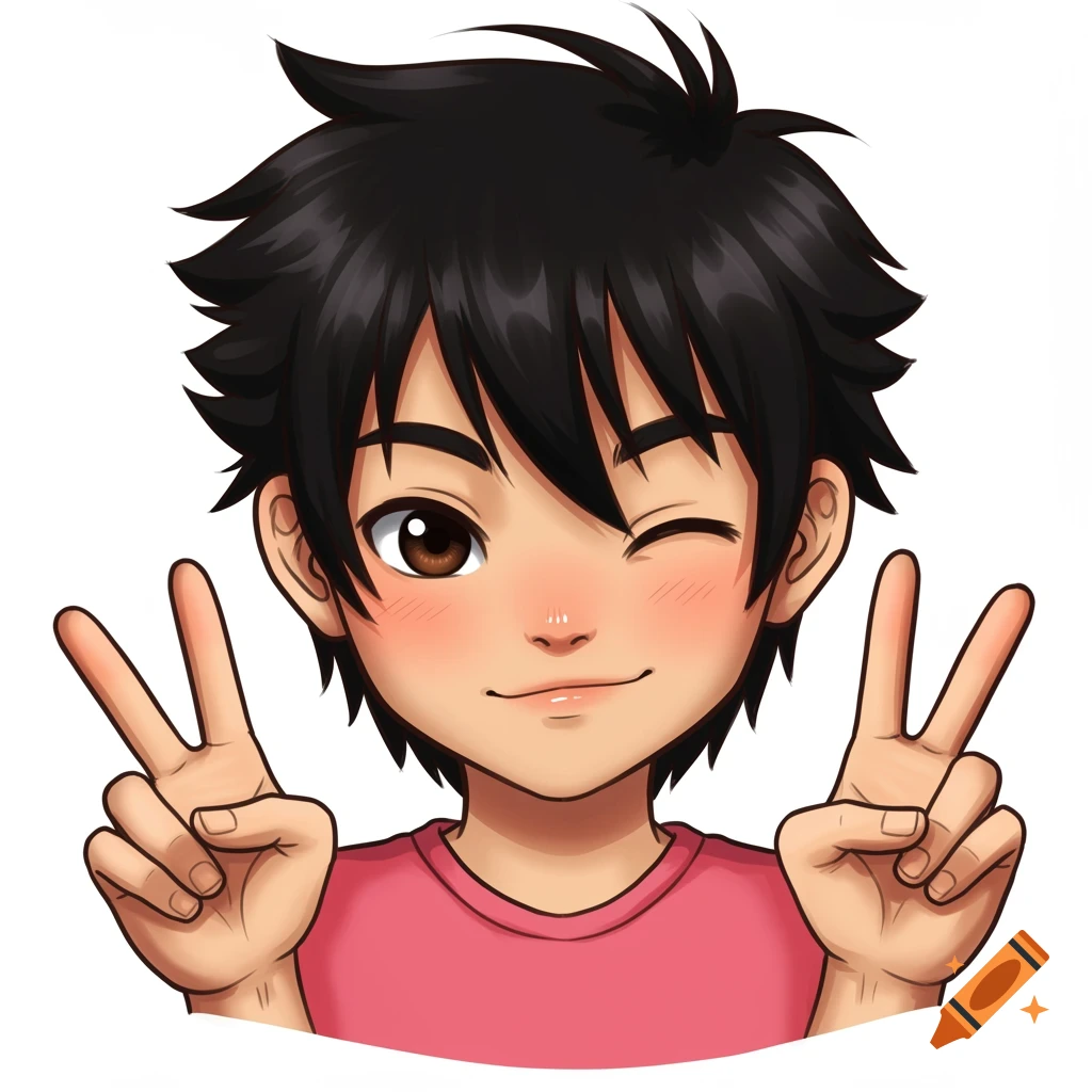 Anime portrait of a winking boy with spiky hair making peace signs.