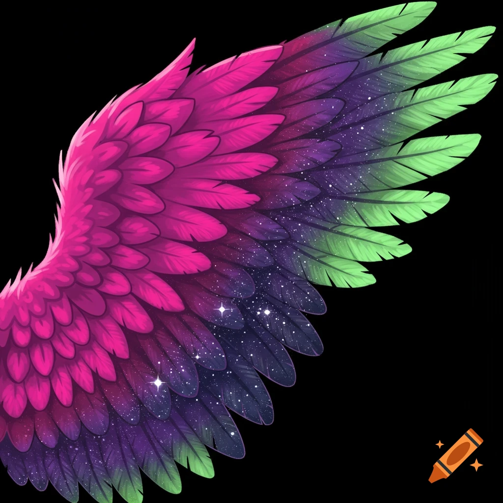 A fantasy wing with pink, starry purple, and green feathers.