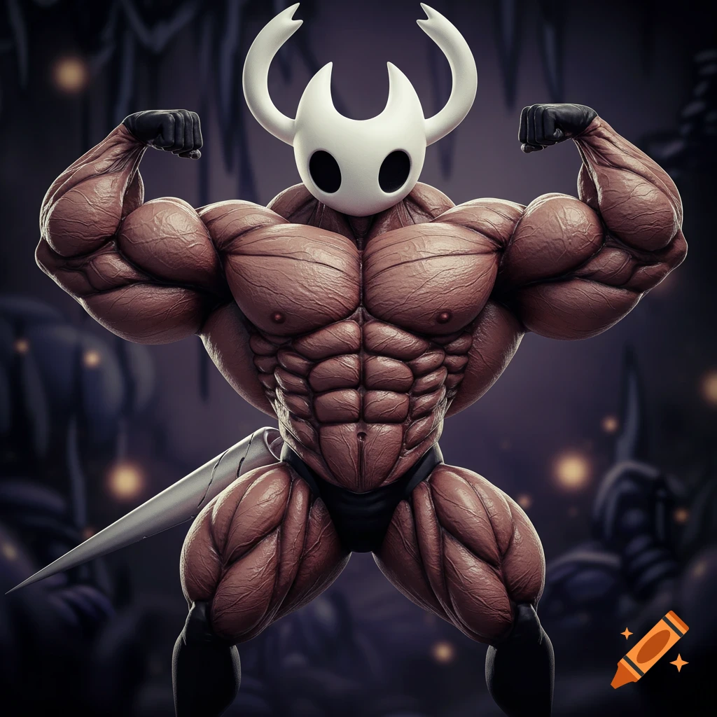 A muscular figure resembling the Hollow Knight character poses.