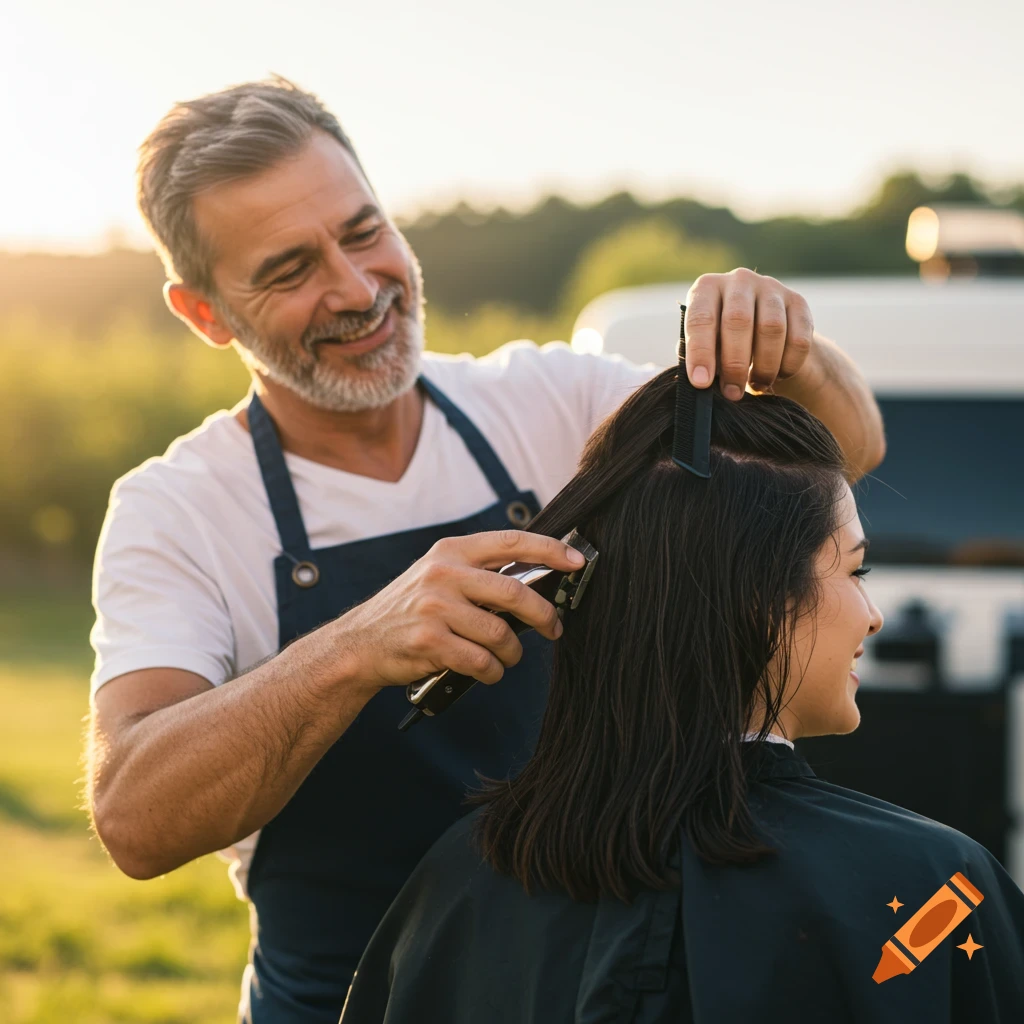 A smiling barber cuts a woman's hair outdoors in the sunlight.