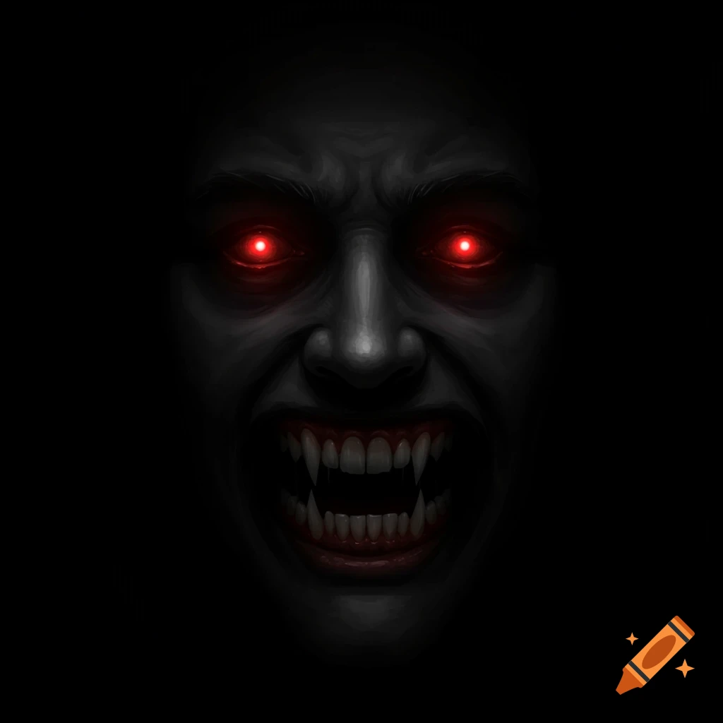 A close-up of a scary face with red eyes and fangs on a black background.