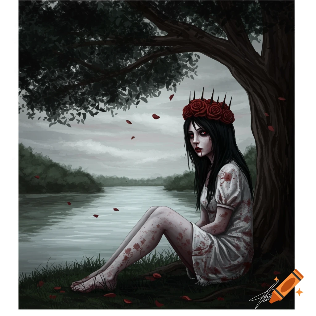 Gothic image of a girl with a rose crown and blood stains sitting by a river under a tree.