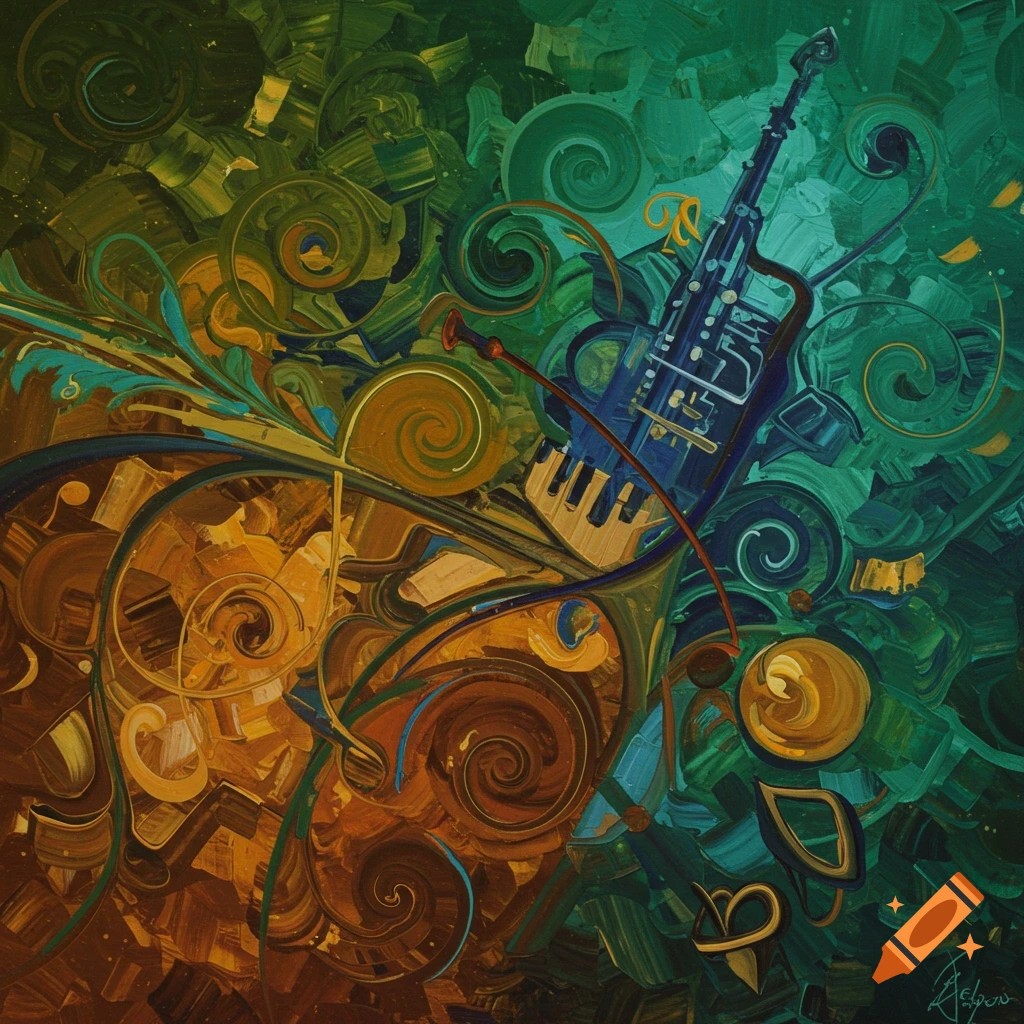 Abstract painting with musical instruments and swirling green, gold, and brown brushstrokes