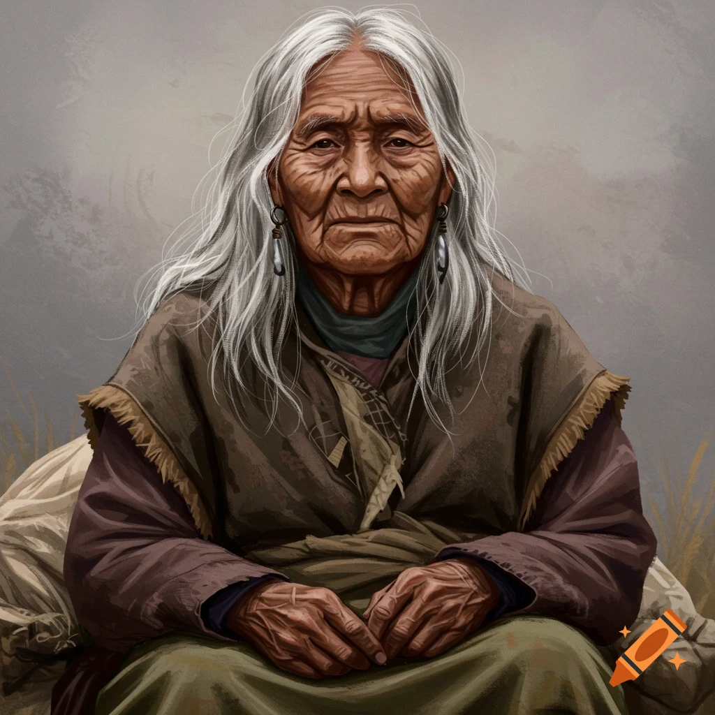 Portrait of an elderly Indigenous woman with long grey hair and weathered skin.